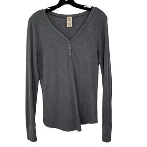 Henley Shirt Waffle Knit Gray L 12 14 Long Sleeve V-Neck Lightweight Faded Glory